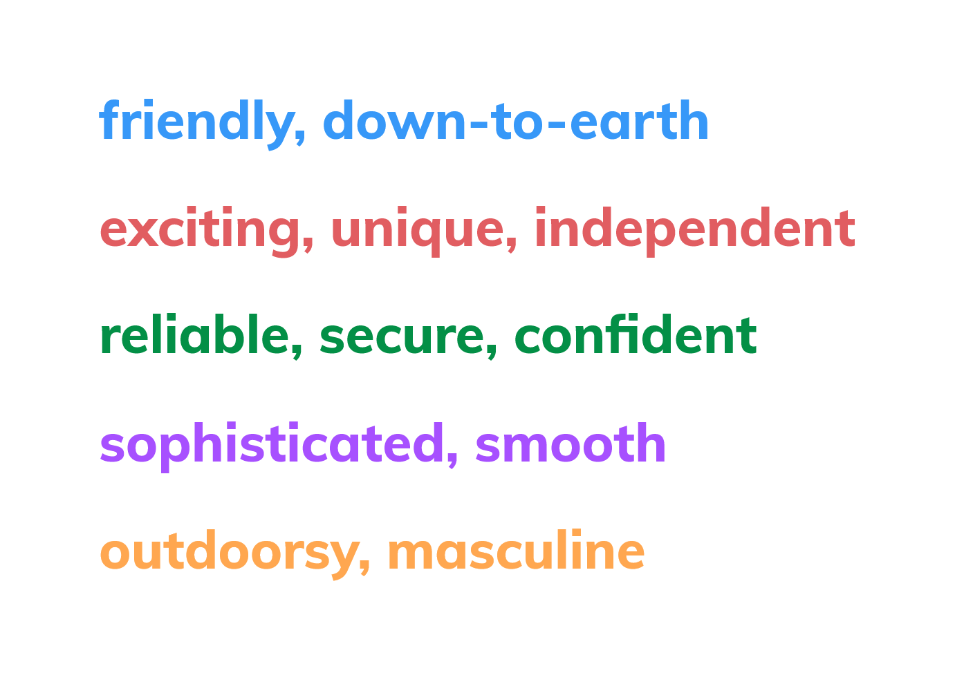 Blue: friendly, down-to-earth. Red: exciting, unique, independent. Green: reliable, secure, confident. Purple: sophisticated, smooth. Orange: outdoorsy, masculine.