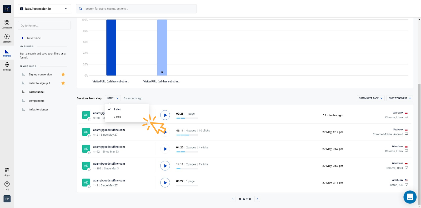 LiveSession funnels