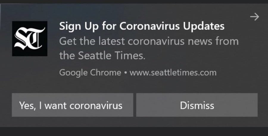 A dialog box asking for coronavirus updates. Two options to choose from: Yes, I want coronavirus and Dismiss.