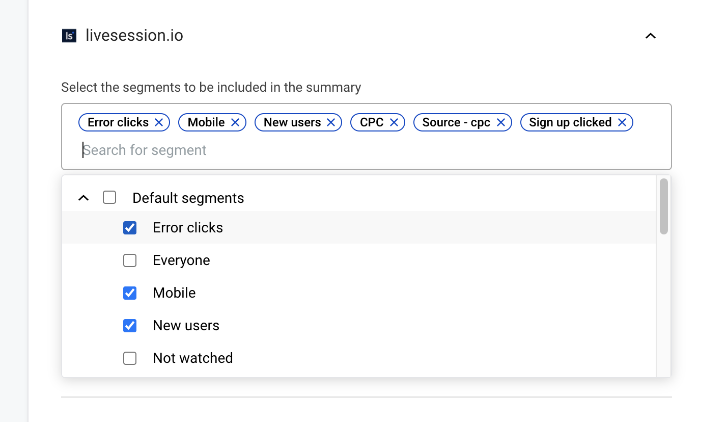 LiveSession App - Select segments