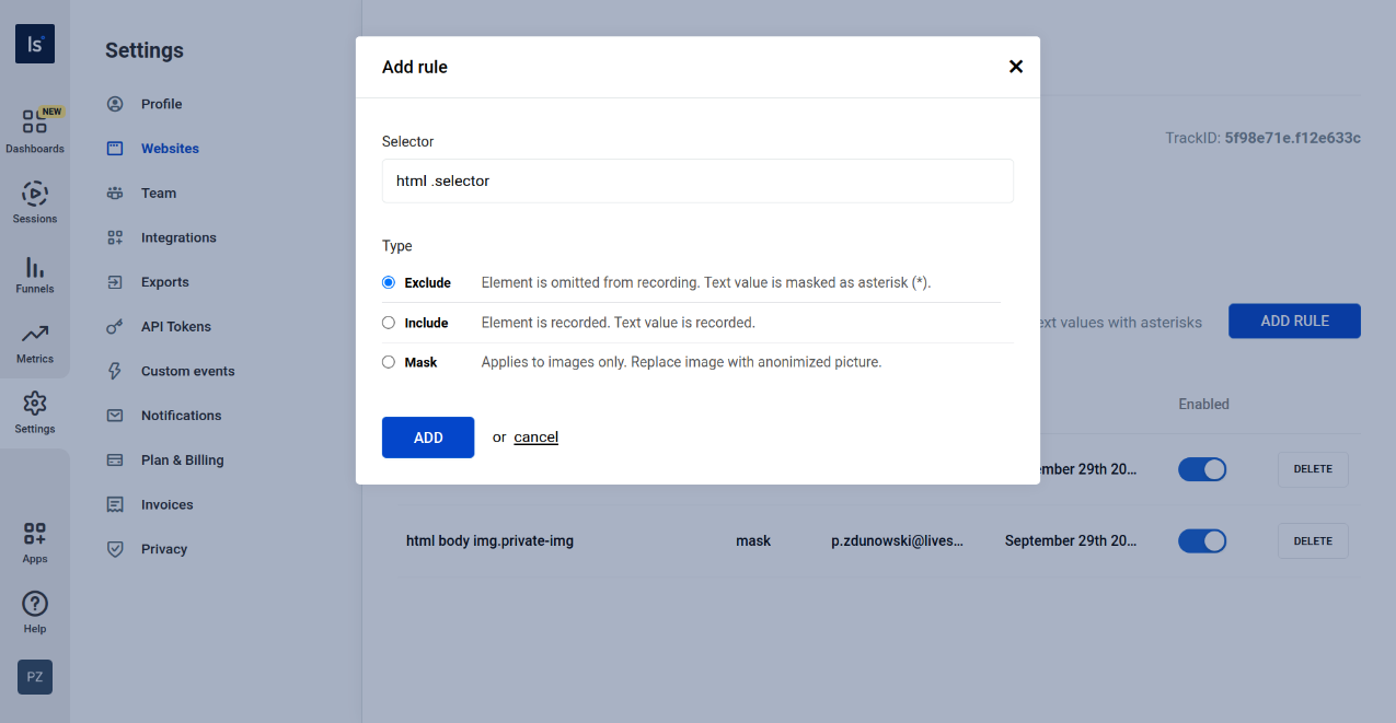 Recording elements modal