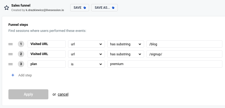 LiveSession funnels